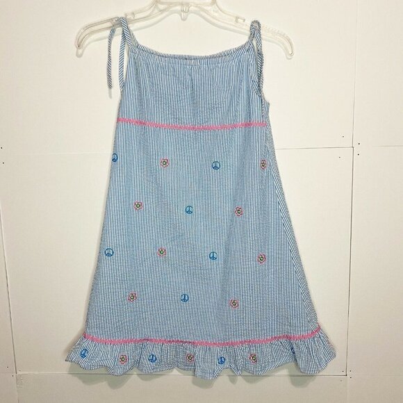 Vive La Fete Sz 7 Light Blue Long Seersucker Dress Peach Signs Ribbon Straps - Picture 1 of 6